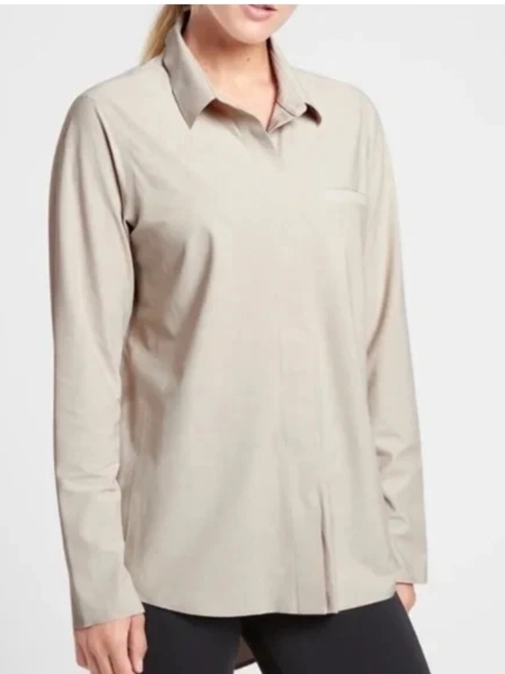 Athleta Urbanite UPF 50 Beige Long Sleeve Button Down Stretch Breathable M